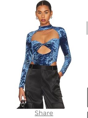 h:ours Blue Crushed Velvet Cutout Long Sleeve Bodysuit